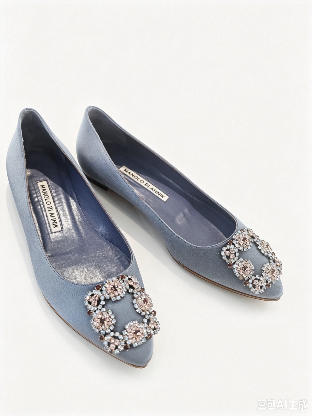 Elegant Blue Satin Embellished Pointed Toe Flats
